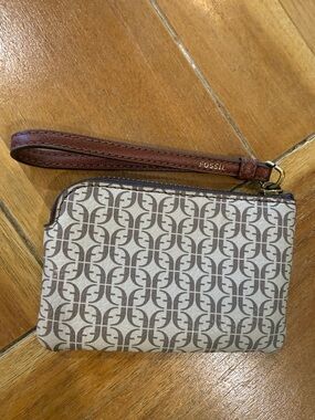 Fossil Brown Logo Canvas Wristlet with Leather Strap